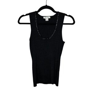 White House Black Market Womens Black Ribbed Beaded Collar Tank Size Medium